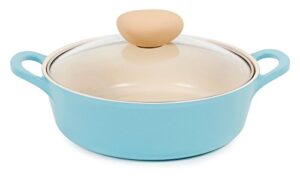 neoflam retro 2qt non-stick ceramic coated low stockpot with integrated steam vent glass lid, silicone hot handle holder included, saute pot, casserole, dutch oven, cookware for pasta, stew, mint blue