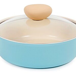 Neoflam Retro 2qt Non-Stick Ceramic Coated Low Stockpot with Integrated Steam Vent Glass Lid, Silicone Hot Handle Holder Included, Saute Pot, Casserole, Dutch Oven, Cookware for Pasta, Stew, Mint Blue