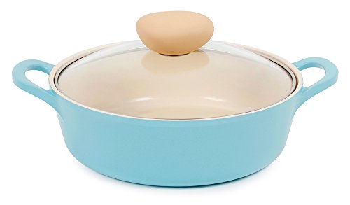 Neoflam Retro 2qt Non-Stick Ceramic Coated Low Stockpot with Integrated Steam Vent Glass Lid, Silicone Hot Handle Holder Included, Saute Pot, Casserole, Dutch Oven, Cookware for Pasta, Stew, Mint Blue