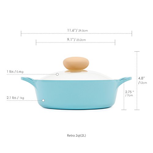 Neoflam Retro 2qt Non-Stick Ceramic Coated Low Stockpot with Integrated Steam Vent Glass Lid, Silicone Hot Handle Holder Included, Saute Pot, Casserole, Dutch Oven, Cookware for Pasta, Stew, Mint Blue