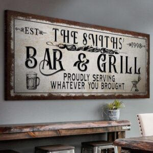 tailored canvases custom bar and grill sign - canvas wall art decor for man cave, hideout, kitchen, pub, diner and restaurant - rustic bar & grill hook on cloth with 1 beer mug and griller, 48x16in