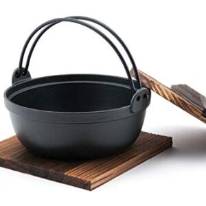 Fuji Merchandise Japanese Style Cast Iron Sukiyaki Tetsu Nabe Pot with Wooden Lid and Tray Quality Enamel Coating (58 fl. oz) 8.5" Diameter