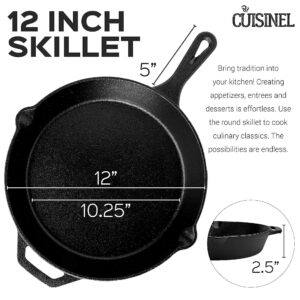 Cuisinel Cast Iron Skillet - 12"-Inch + Glass Lid + Silicone Handle Cover - Preseasoned Oven Safe Cookware - Heat-Resistant Holder - Indoor and Outdoor Use - Grill, Stovetop, Induction Safe