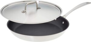 american kitchen - 12 inch premium nonstick skillet & frying pan, stainless steel, durable coating, pfoa-free, with cover, made in america