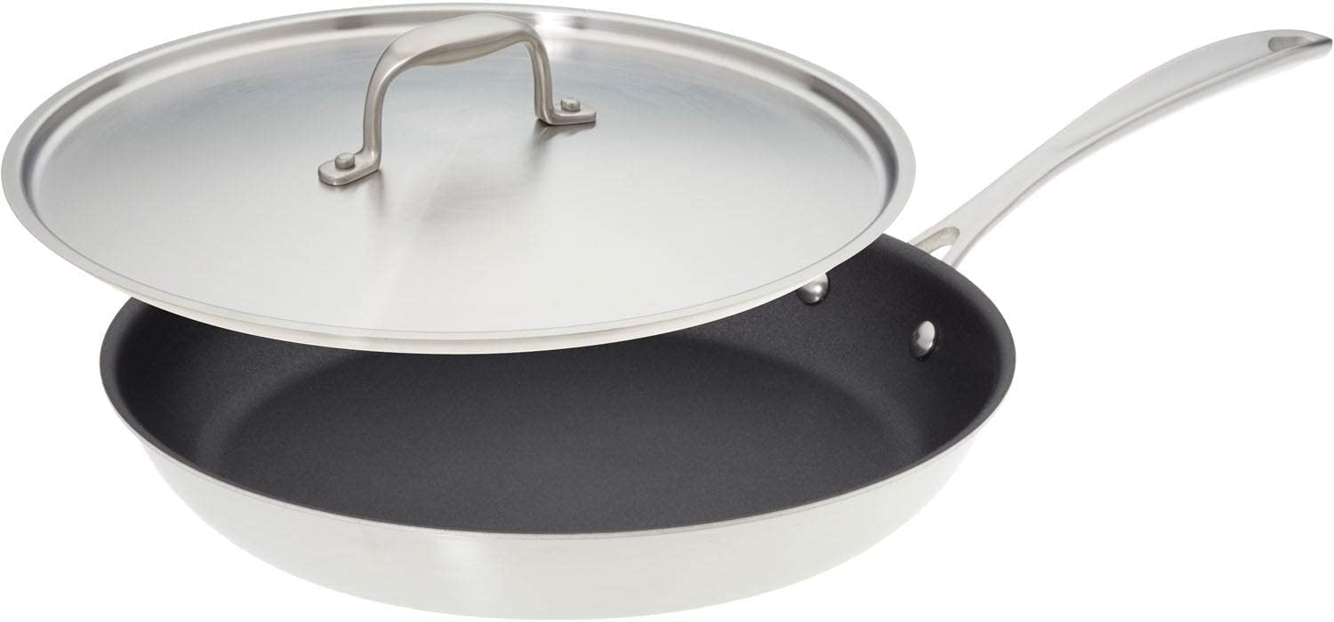 American Kitchen - 12 inch Premium Nonstick Skillet & Frying Pan, Stainless Steel, Durable Coating, PFOA-Free, with Cover, Made In America