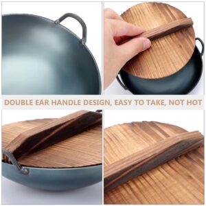 Cabilock Mini Kitchen Accessories 1 Set Wok Pan with Wood Wok Lid and Handles Nonstick Iron Deep Frying Pan with Flat Base for Stir- Fry Grilling Frying Steaming Stovetop Black Khaki Miniature Pot