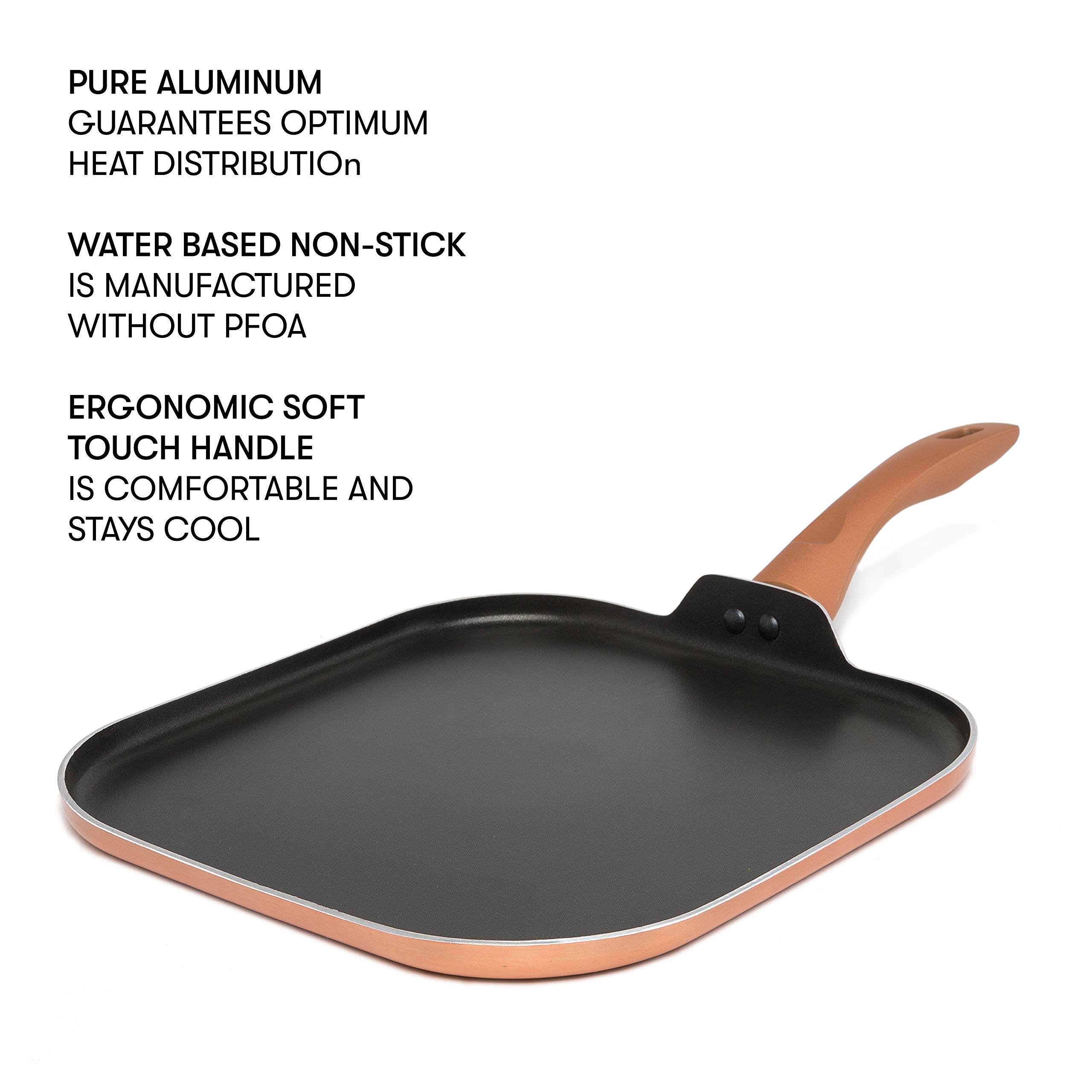 Cooking Light Dishwasher Safe, Silicone Handle, Specialty Cookware for Family, 11 Inch Griddle, Copper