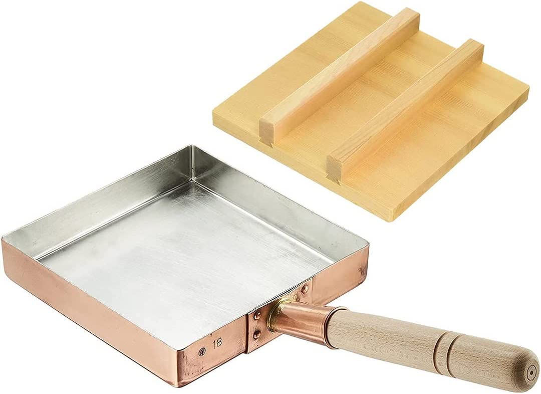 TIKUSAN Japanese Tamagoyaki Omelets Copper Pan with Wooden Lid 9.4 inch (24×24 cm) Square Type Egg Pan