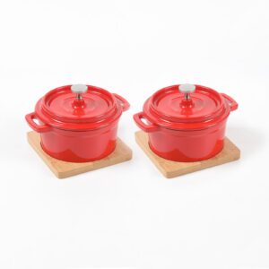 hawok enameled cast iron mini round cocotte set, 0.3qt mini dutch ovens with lids and bamboo trays, 270ml/9.13oz/1.08cups, set of 2, red