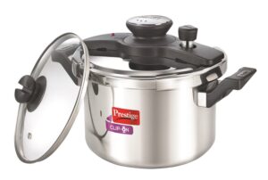 prestige clip-on stainless steel pressure cooker, cook and serve pot with extra glass lid, large 6 liters