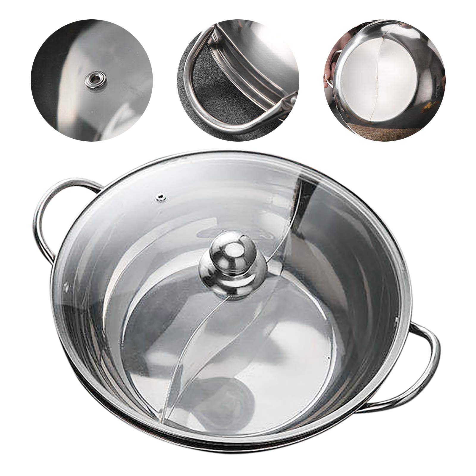 Gdrasuya10 Shabu Hot Pot, 12" Stainless Steel Pot Dual Site Divider with Glass Lid for 2-5 People