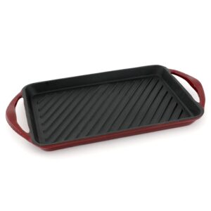 hell's kitchen pre-seasoned cast iron enameled rectangle grill pan with handles, red