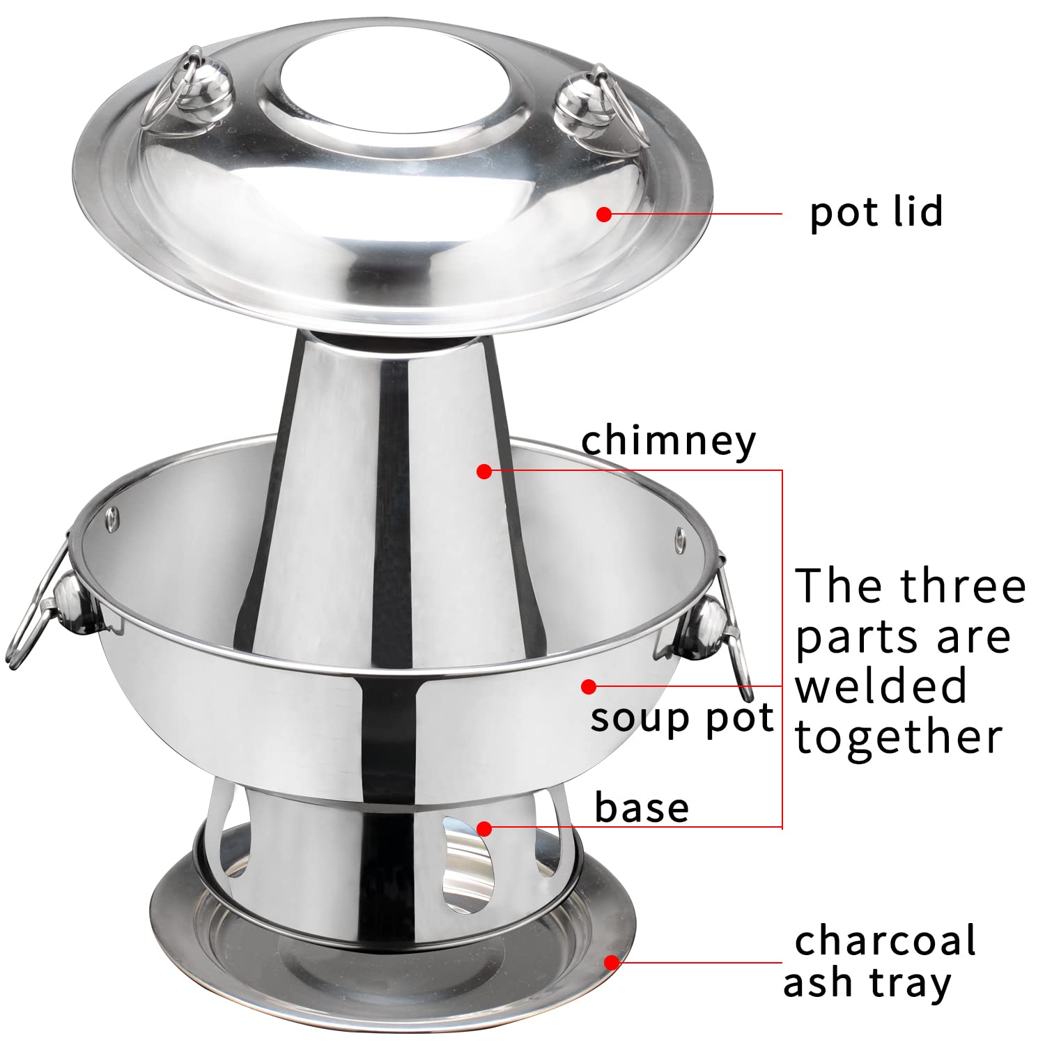 stainless steel hot pot Chinese Charcoal hotpot, Chinese meats fondue Lamb outdoor cooker picnic cooke (1.9-QT, silver)