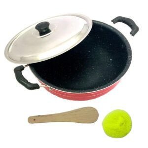 YADNESH Kadai Nonstick Kadhai All Purpose Pan Non-Stick Aluminium Kadai Deep Karahi with Stainless Steel Lid 2 litres Free Scrubber and Paddle