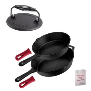 pre-seasoned cast iron skillet 2-piece set (10-inch and 12-inch) oven safe cookware + grill press - cast iron burger press for bacon, steak and smashed hamburgers - 7.5"-inch diameter round