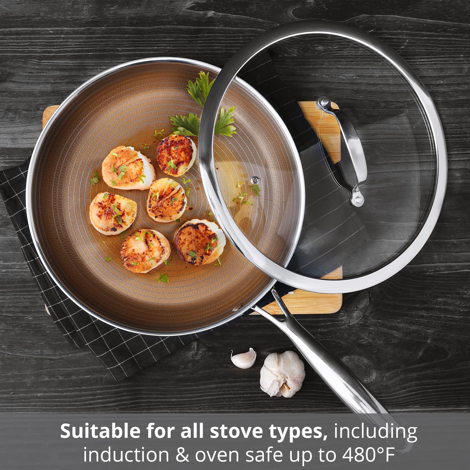 MasterPRO - Giro Collection - 12” Fry Pan with Lid - Tri Ply Stainless Steel Aluminum Core Cookware with Multi-Layer Nonstick Coating - 12” Fry Pan - Metal Utensil Safe