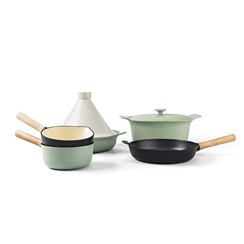 BergHOFF RON Cast Iron Saucepan 1.8 qt., Safe Grip Long Wood Handle, Induction Cooktop, Enameled Interior, Green