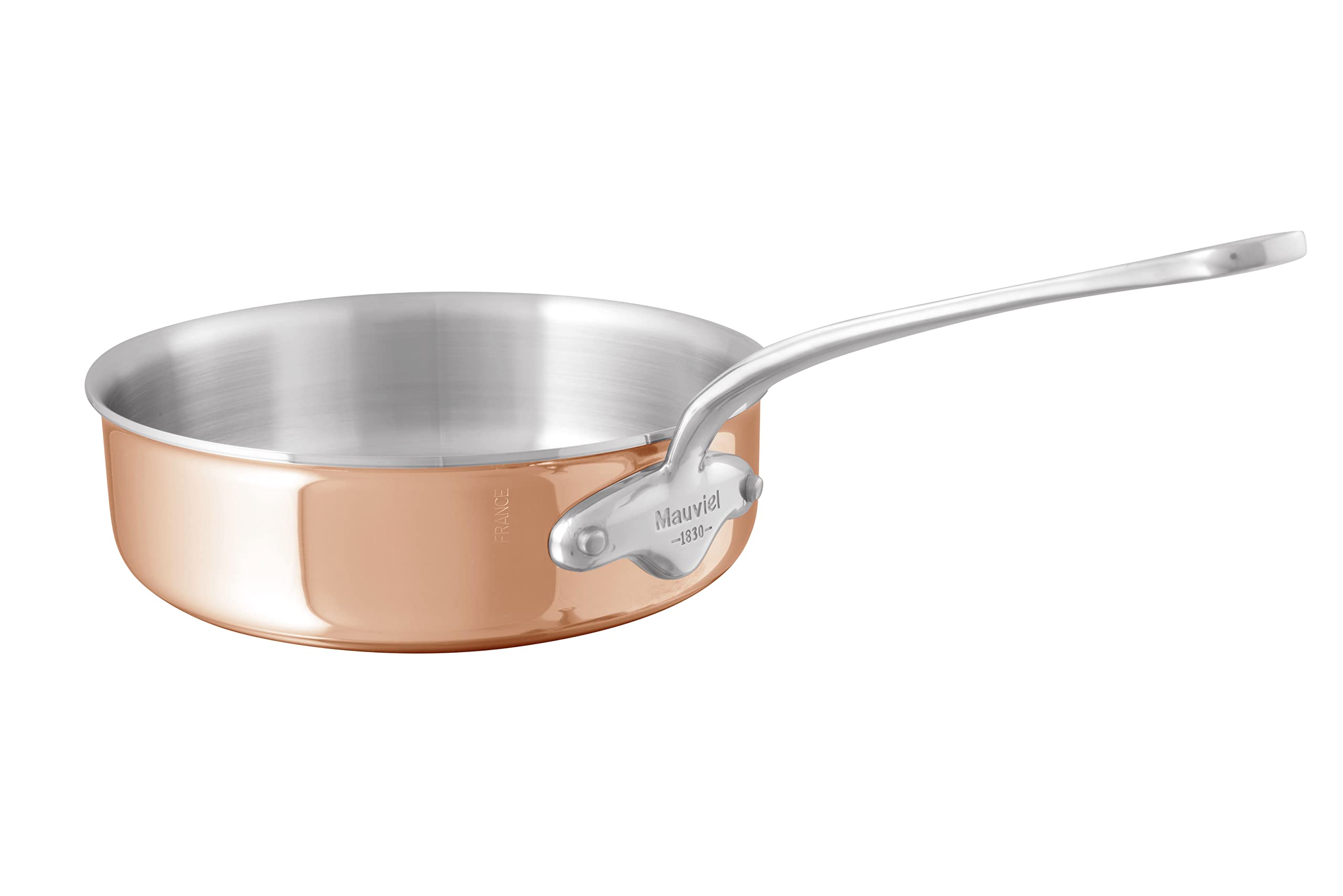 Mauviel M’6S 6-Ply Polished Copper & Stainless Steel Saute Pan With Cast Stainless Steel Handle, Suitable For All Types Of Stoves, 3.2-qt, Made in France