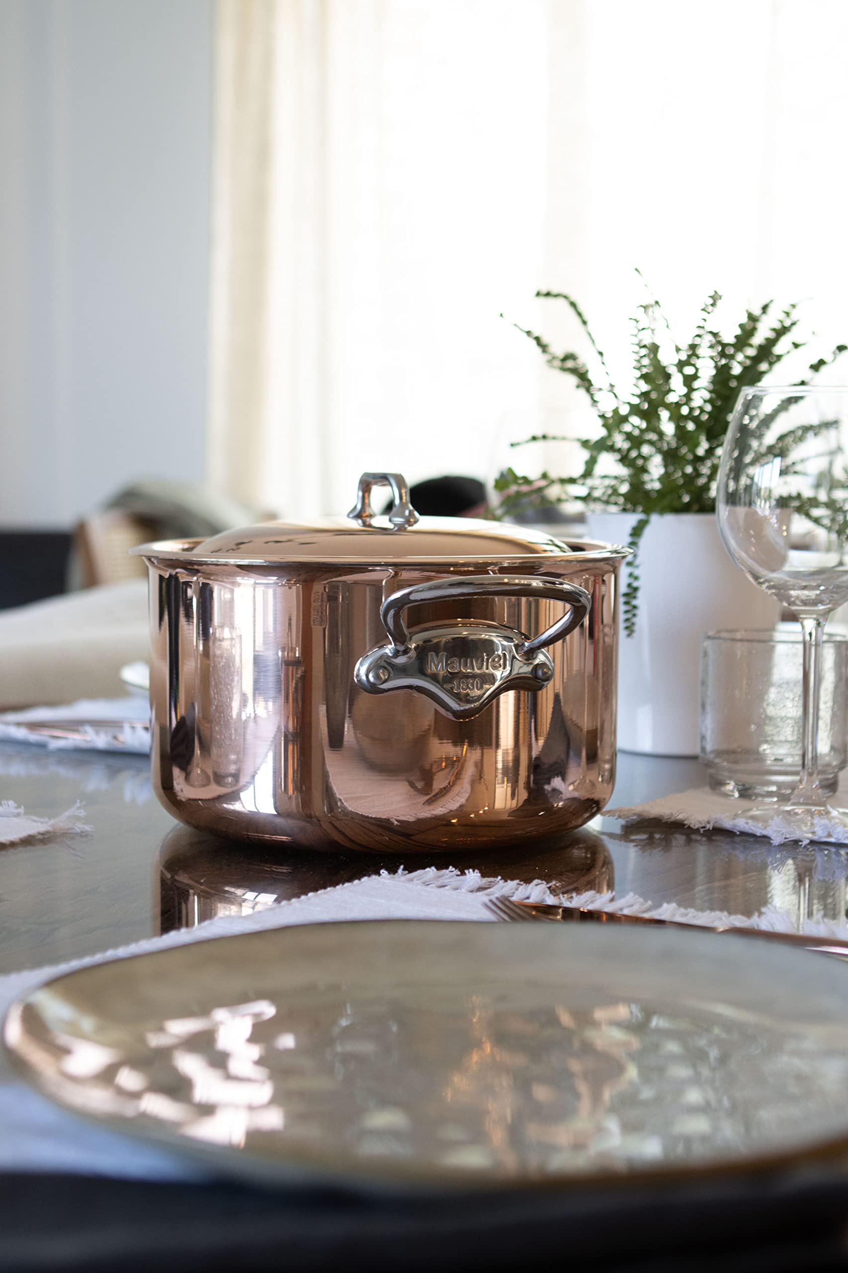 Mauviel M’6S 6-Ply Polished Copper & Stainless Steel Saute Pan With Cast Stainless Steel Handle, Suitable For All Types Of Stoves, 3.2-qt, Made in France