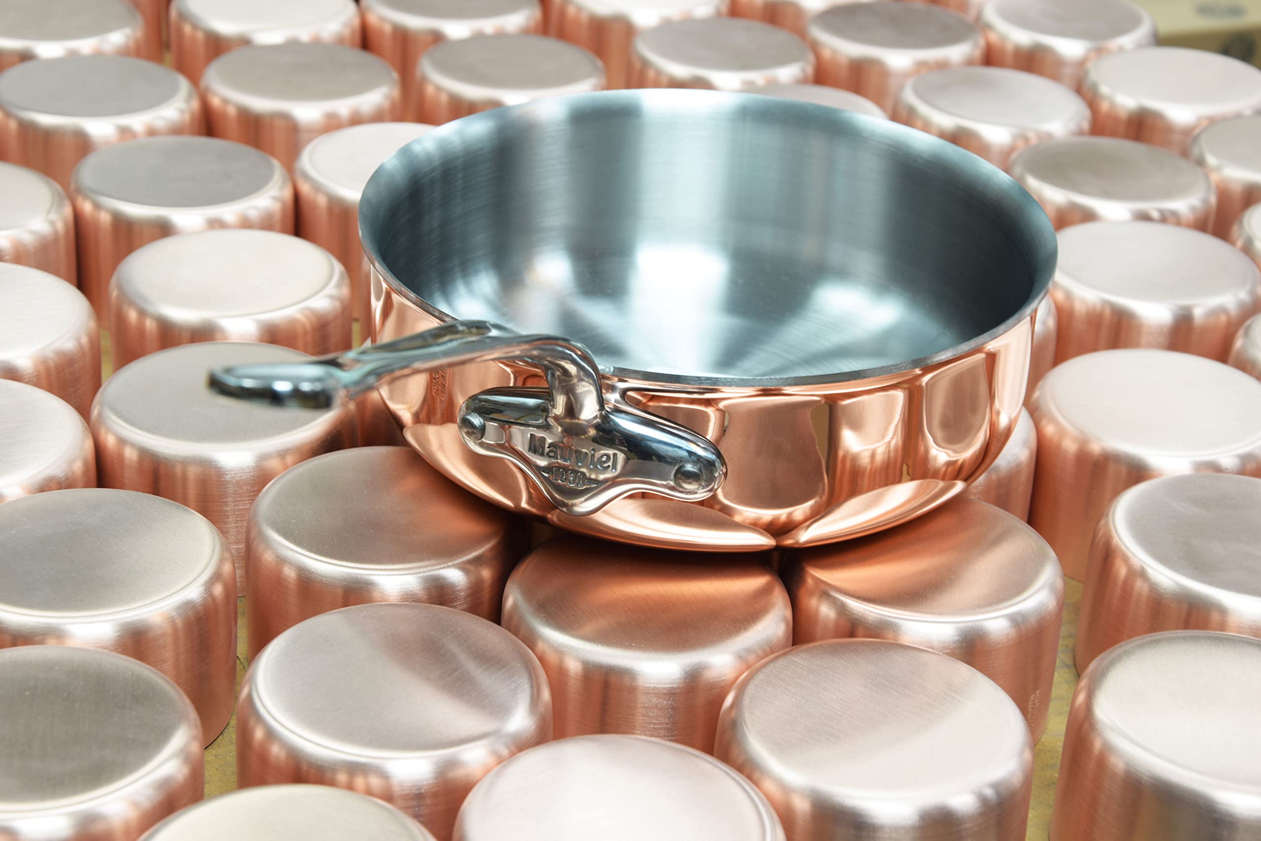 Mauviel M’6S 6-Ply Polished Copper & Stainless Steel Saute Pan With Cast Stainless Steel Handle, Suitable For All Types Of Stoves, 3.2-qt, Made in France