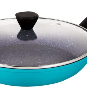 Qstar 12 in Granite Aluminum Nonstick Skillet Frying Pan in Blue with Lid and Cool Touch Handle