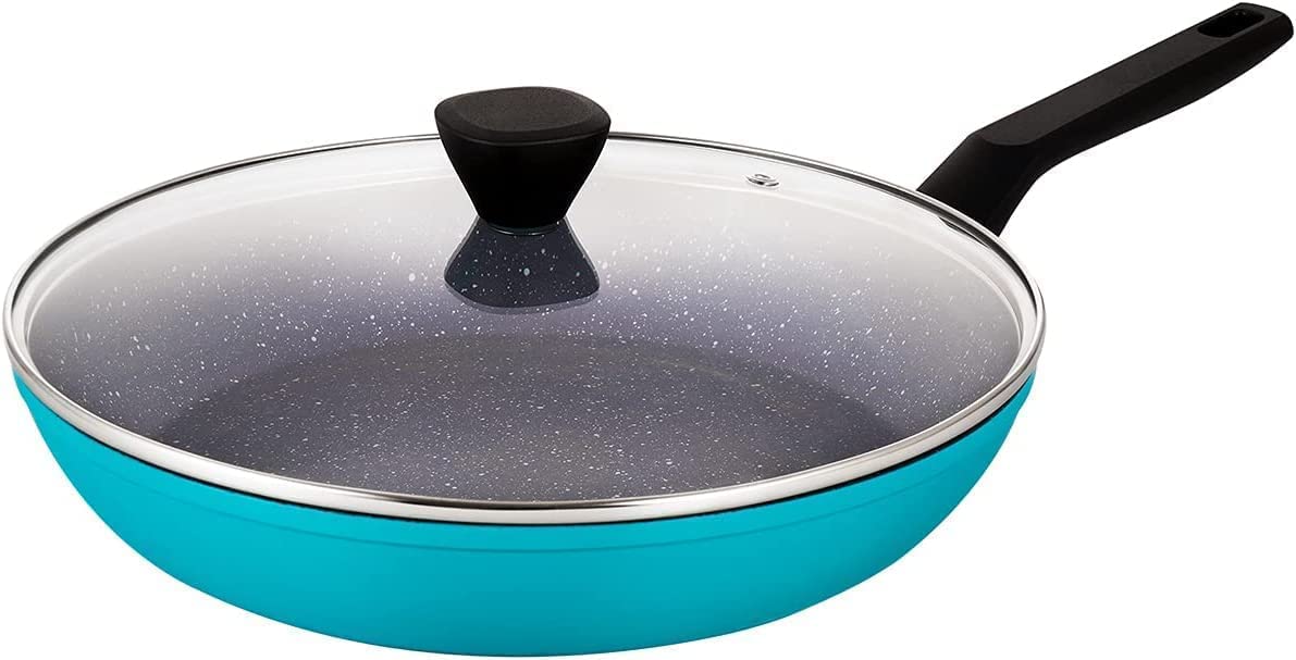 Qstar 12 in Granite Aluminum Nonstick Skillet Frying Pan in Blue with Lid and Cool Touch Handle