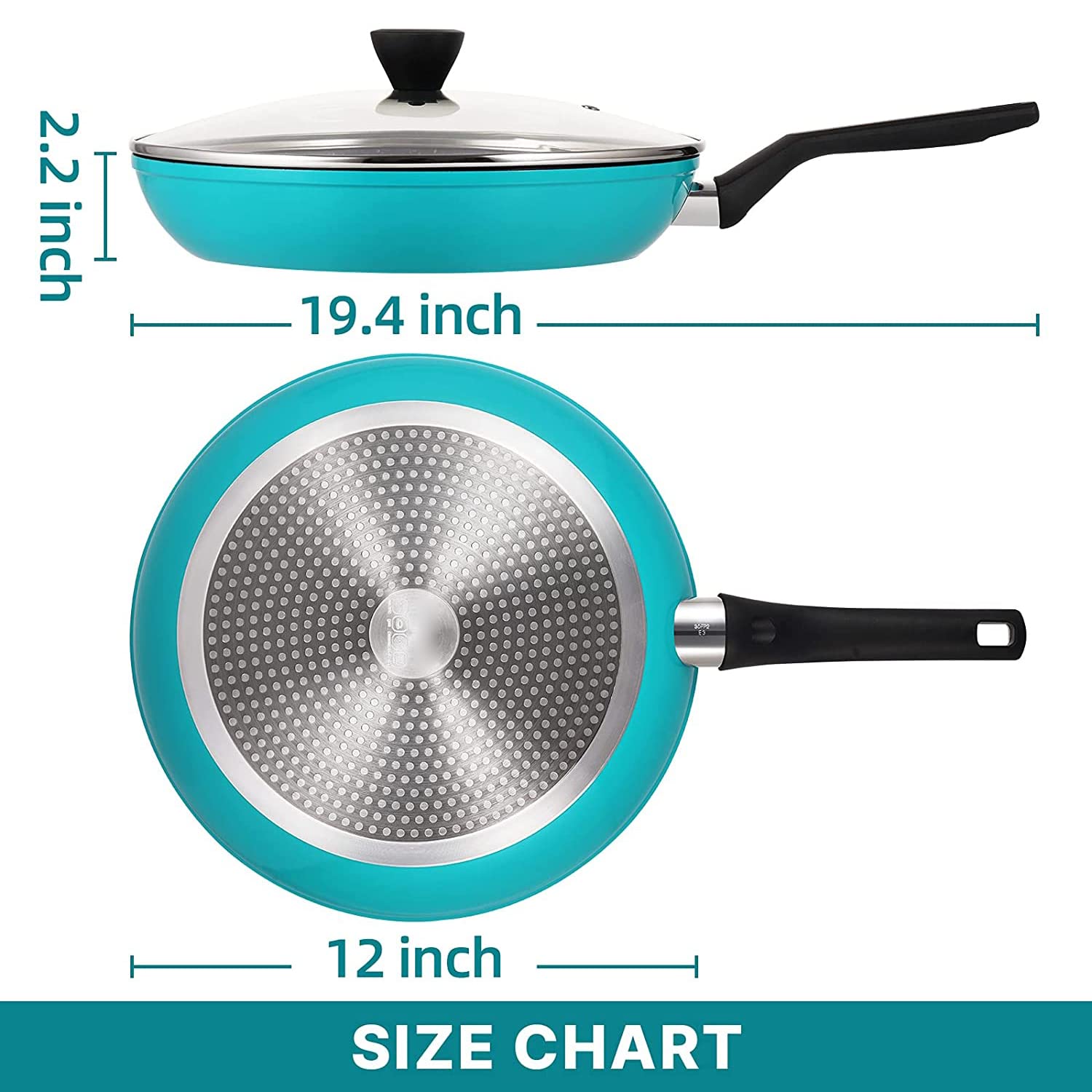 Qstar 12 in Granite Aluminum Nonstick Skillet Frying Pan in Blue with Lid and Cool Touch Handle