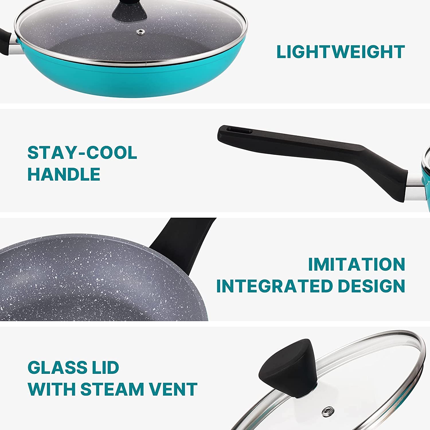 Qstar 12 in Granite Aluminum Nonstick Skillet Frying Pan in Blue with Lid and Cool Touch Handle