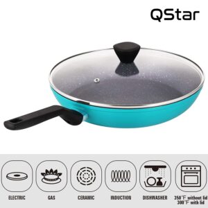 Qstar 12 in Granite Aluminum Nonstick Skillet Frying Pan in Blue with Lid and Cool Touch Handle