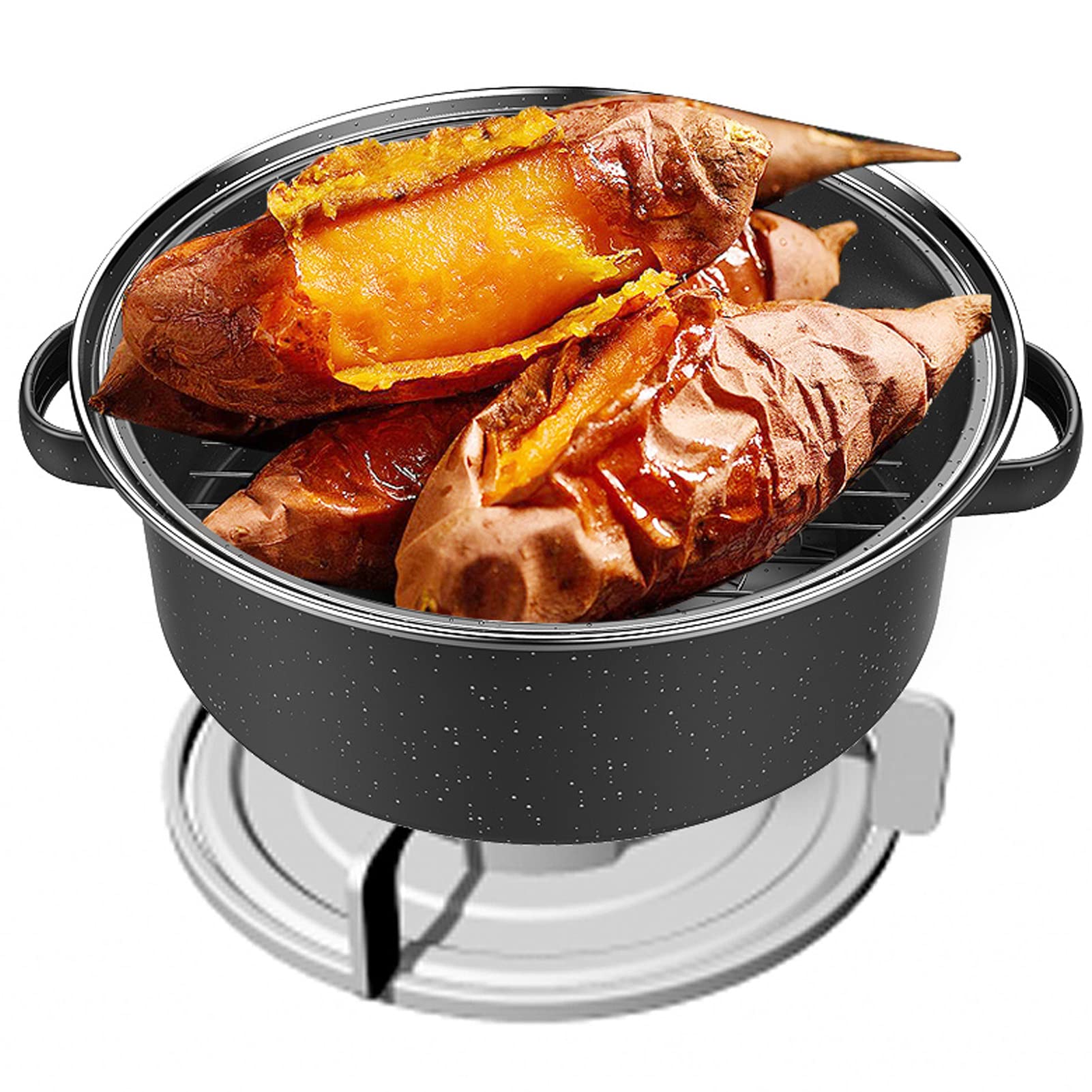 Roasting Pan with Lid, Oval Shaped Roaster Pot, Nonstick Roasting Pan for Roasted Corn Sweet Potatoes Barbecue (26cm-Iron Cover)