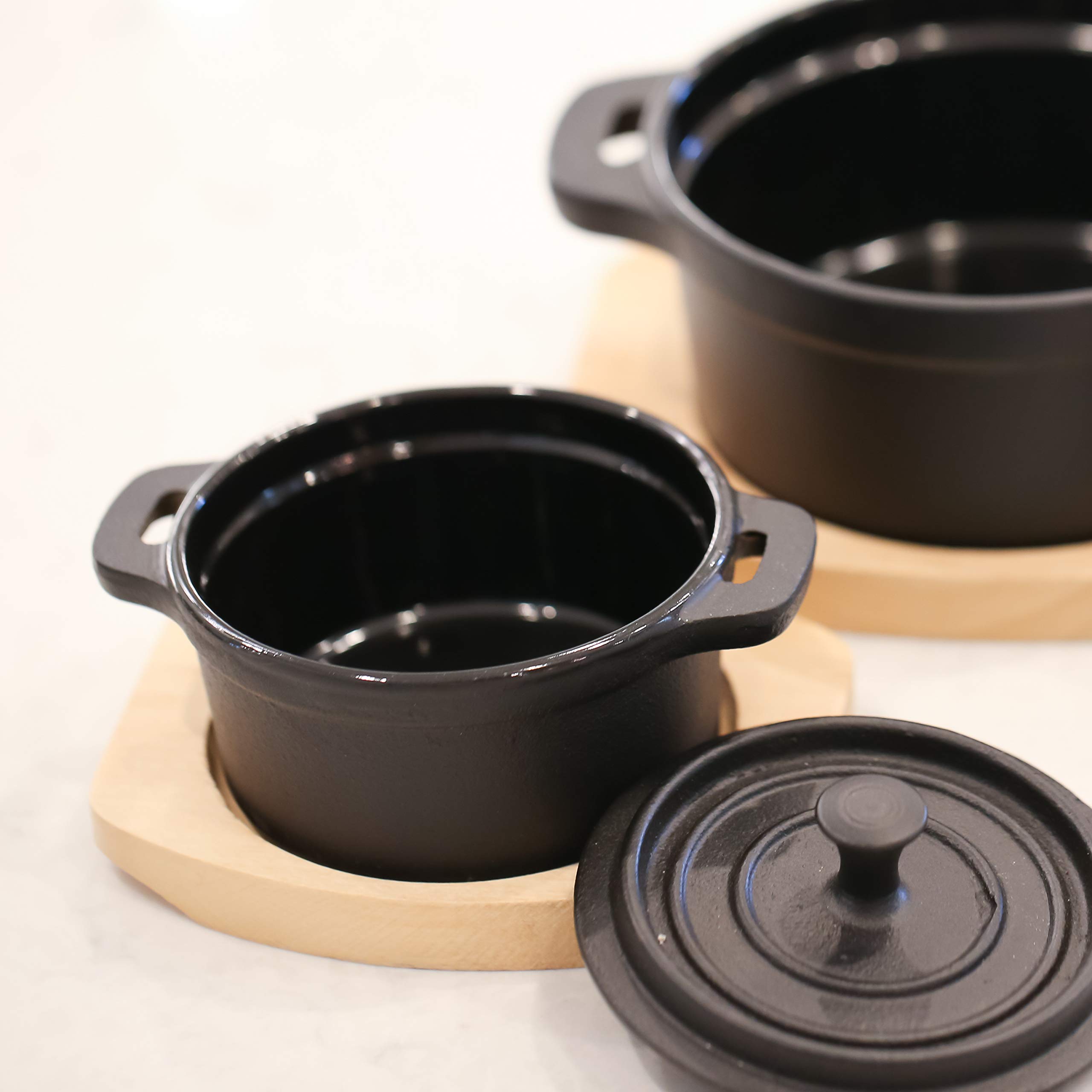 Frieling Cast Iron Mini Cocotte/Dutch Oven with Enamel Interior and Wood Trivet, 1.9 Cup, Black