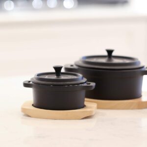 Frieling Cast Iron Mini Cocotte/Dutch Oven with Enamel Interior and Wood Trivet, 1.9 Cup, Black