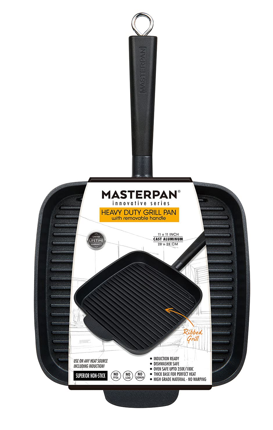 MasterPan Ultra Nonstick Deep Grill Frying Pan with Detachable Handle, 11", Black,