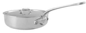 mauviel m'urban 3 tri-ply brushed stainless steel saute pan with lid, and cast stainless steel handles, 3.2-qt, made in france