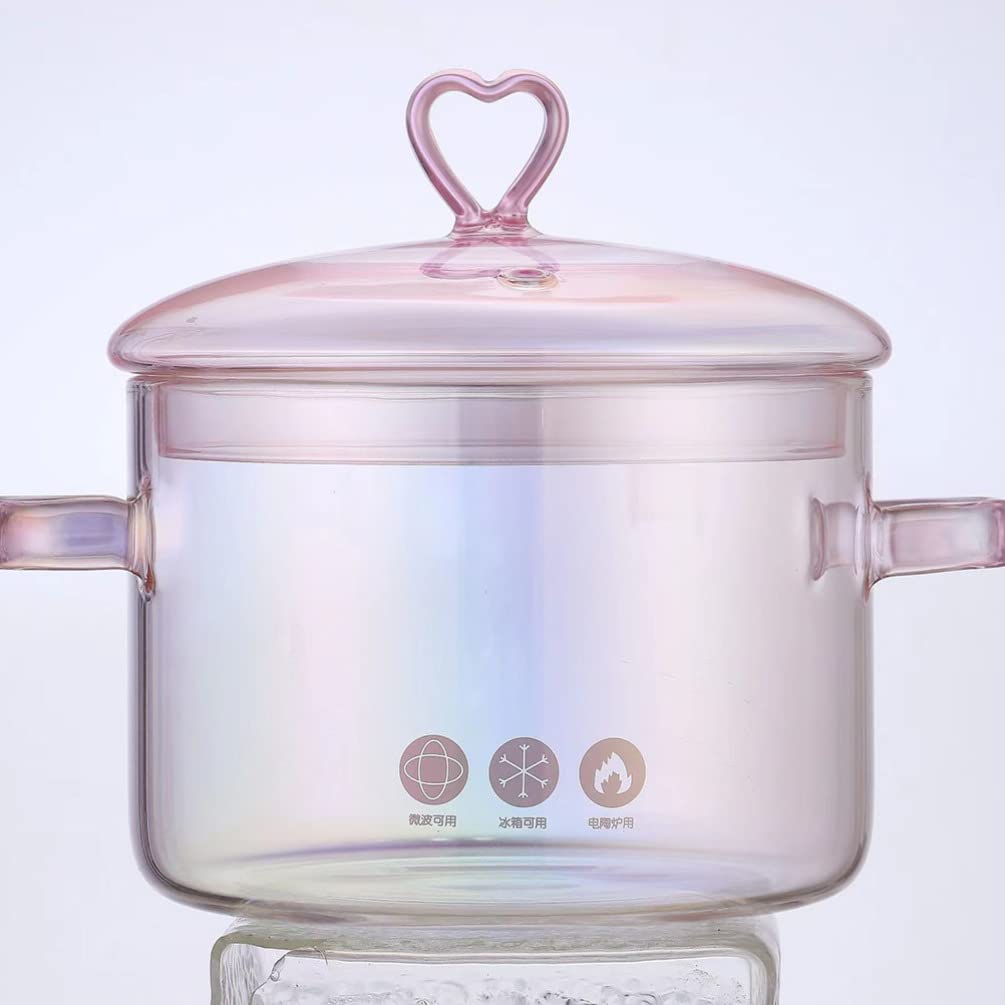 DOITOOL Glass Saucepan with Cover, Clear Glass Pot for Cooking on Stove, 1.5 Liter Glass Cooking Saucepan for Pasta Noodle, Soup, Milk, Tea (Pink)