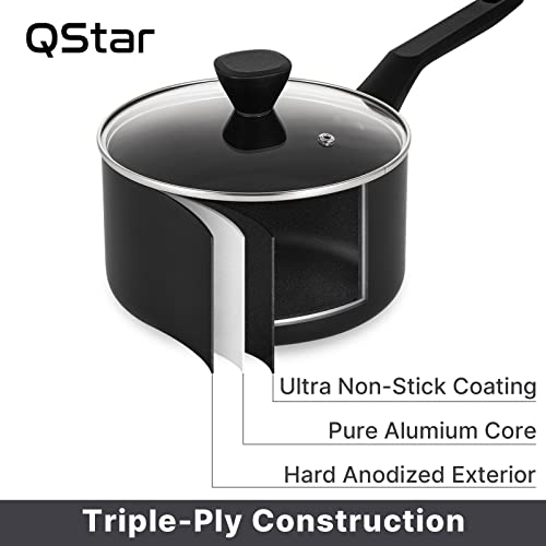 QStar Hard-Anodized Aluminum 3.5qt Nonstick Sauce Pan in Black with Lid and Cool Touch Handles