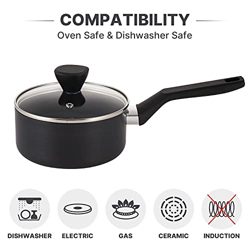 QStar Hard-Anodized Aluminum 3.5qt Nonstick Sauce Pan in Black with Lid and Cool Touch Handles