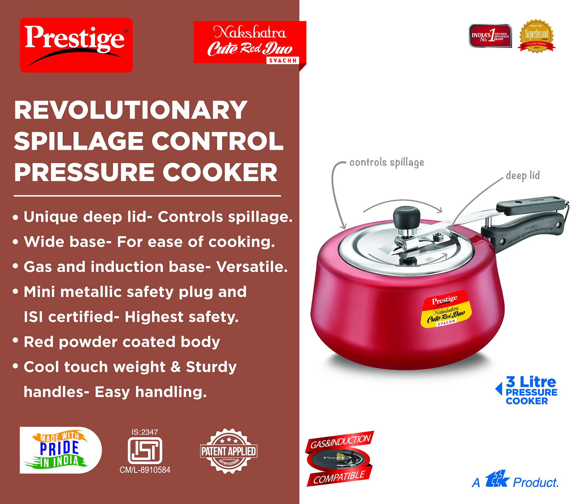 Prestige Nakshatra Cute Red Duo Svachh Aluminium Inner Lid Pressure Cooker 3.0 Litre (Powder Coated), Medium (10765)