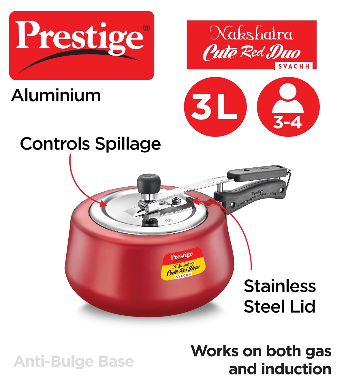 Prestige Nakshatra Cute Red Duo Svachh Aluminium Inner Lid Pressure Cooker 3.0 Litre (Powder Coated), Medium (10765)