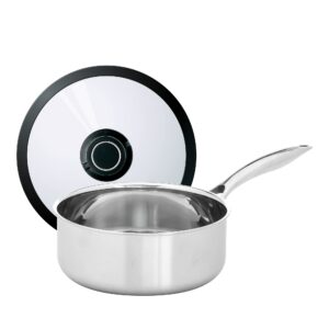 black cube stainless steel 2.5 qt saucepan with lid, 3 ply professional grade steel 8-inch pan, sliver, dishwasher safe.