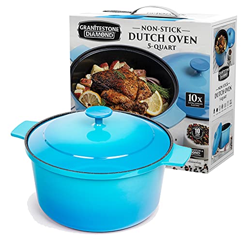 Granitestone Dutch Oven, 5 Quart Ultra Nonstick Enameled Lightweight Aluminum Dutch Oven Pot with Lid, Round 5 Qt. Stock Pot, Dishwasher & Oven Safe, Induction Capable, Healthy 100% PFOA Free, Blue