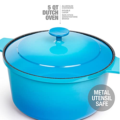 Granitestone Dutch Oven, 5 Quart Ultra Nonstick Enameled Lightweight Aluminum Dutch Oven Pot with Lid, Round 5 Qt. Stock Pot, Dishwasher & Oven Safe, Induction Capable, Healthy 100% PFOA Free, Blue