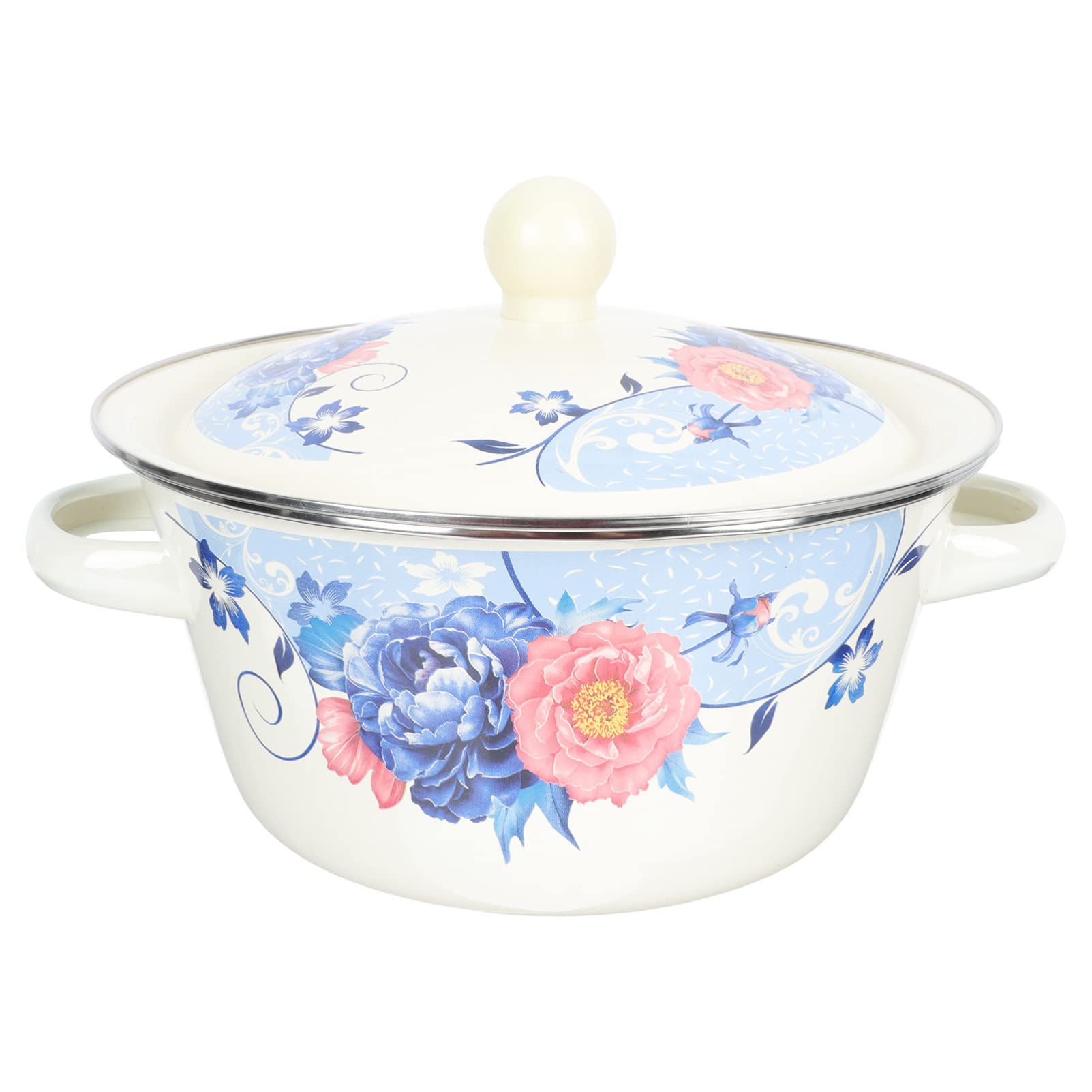 Enamels Stock Pot Double Handle Enamel Stockpot with Cover Storage Basin Flower Enamel on Steel Stock Pot with Lid Large Enamels Stockpot, 9. 82X7. 86X5. 89inch