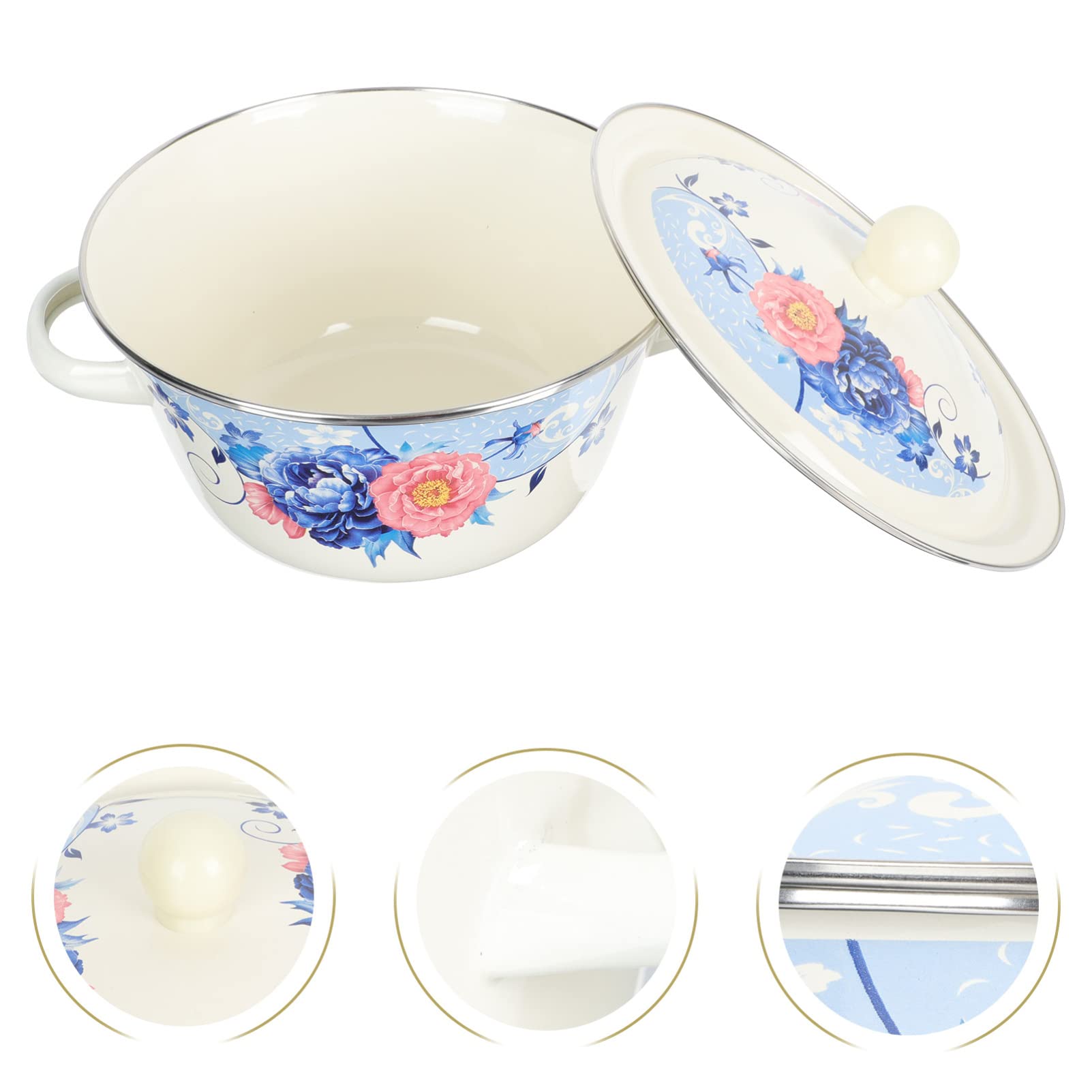 Enamels Stock Pot Double Handle Enamel Stockpot with Cover Storage Basin Flower Enamel on Steel Stock Pot with Lid Large Enamels Stockpot, 9. 82X7. 86X5. 89inch