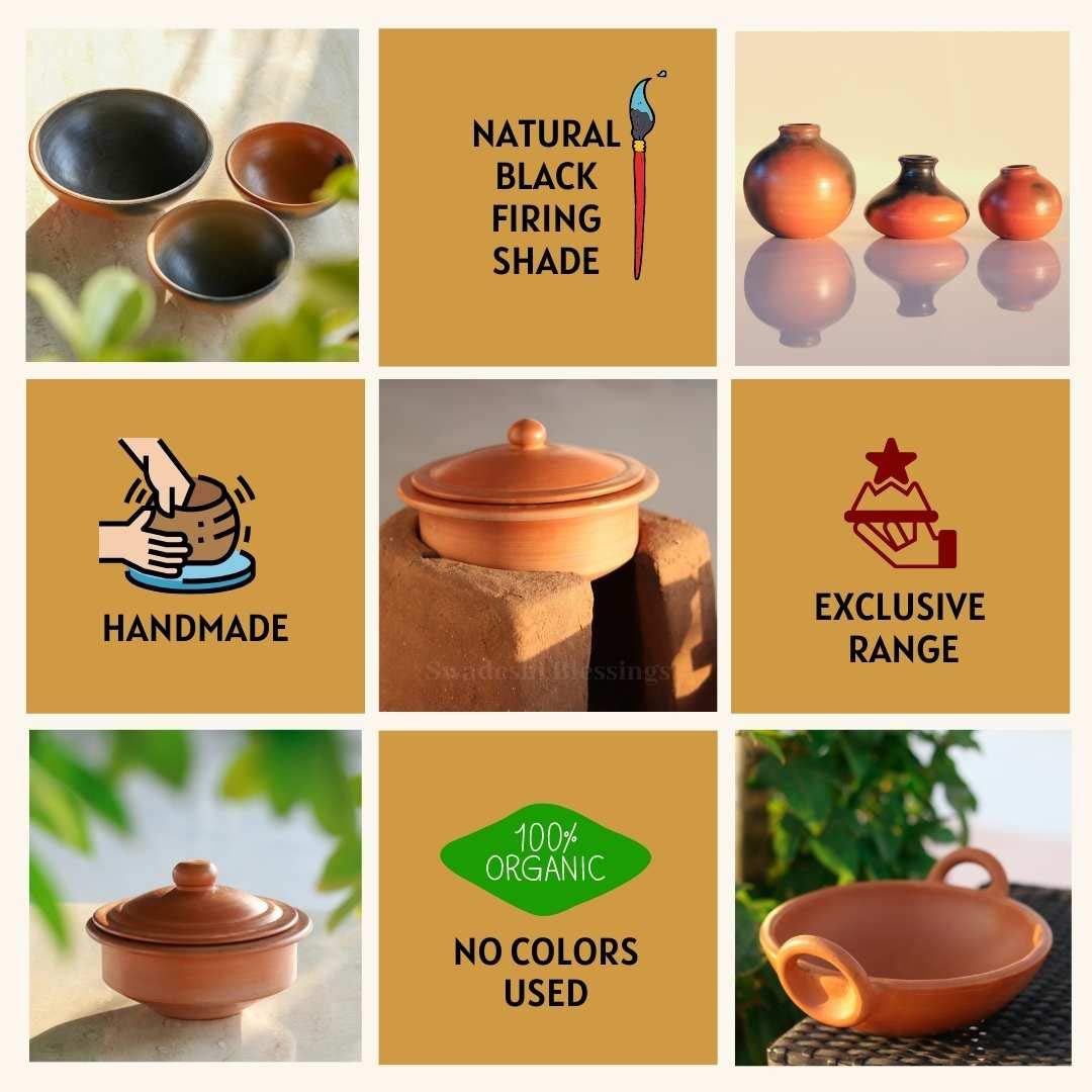 Swadeshi Blessings HandMade Exclusive Range Unglazed Earthen Handi/Mitti Ke Bartan/Mud Handi/Clay Pot with Lid for Serving & Tableware Use (with Stone Finished Mirror Shine) (600 ml)