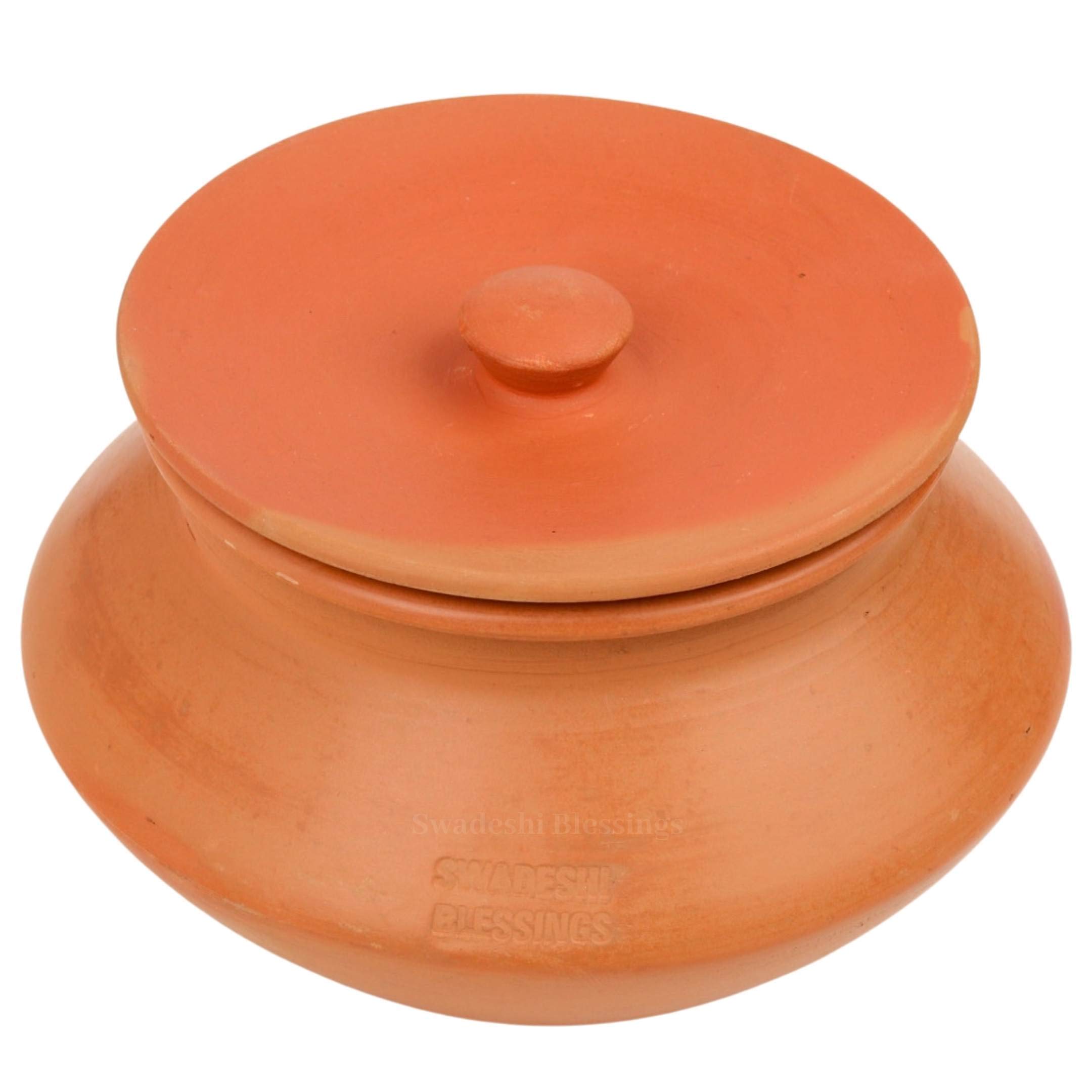 Swadeshi Blessings HandMade Exclusive Range Unglazed Earthen Handi/Mitti Ke Bartan/Mud Handi/Clay Pot with Lid for Serving & Tableware Use (with Stone Finished Mirror Shine) (600 ml)