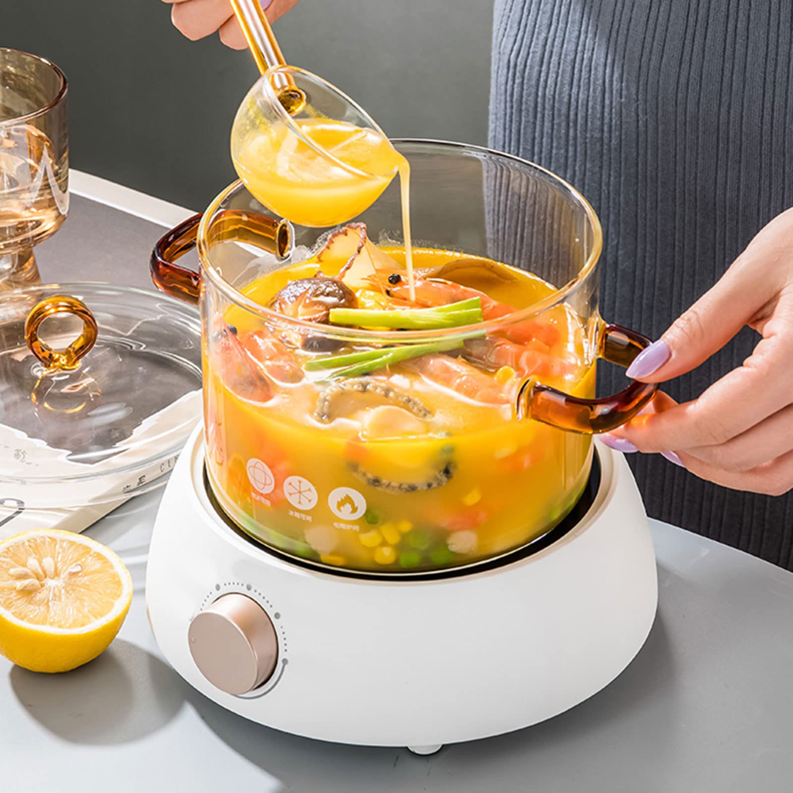 Leefasy Transparent Stew Pot with Lid and Handle Kitchen Supplies Multifunctional Glass Cooking Pot Soup Pot Milk Sauce Hot Pot for Cereals Noodles, Ladle