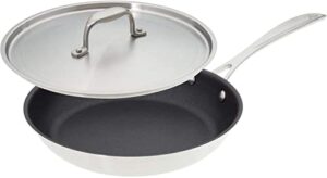 american kitchen - 10 inch premium nonstick skillet & frying pan, stainless steel, durable coating, pfoa-free, with cover, made in america