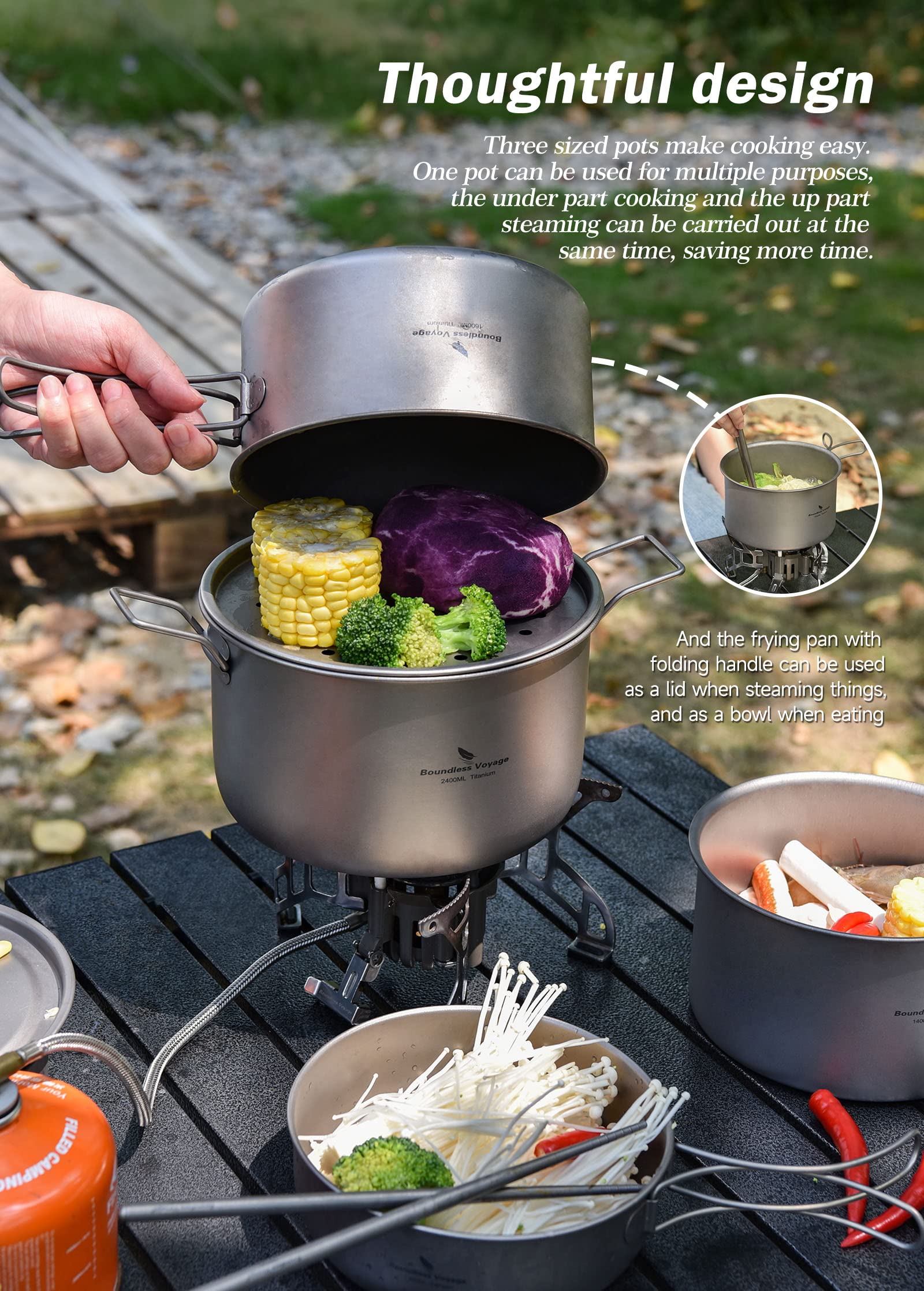 Boundless Voyage Camping Cookware Lightweight Cooking Pot Set Titanium Pot Portable for Outdoor Cooking Traveling Hiking Trekking Backpacking, 1-5 Person (107C-108C-29P)