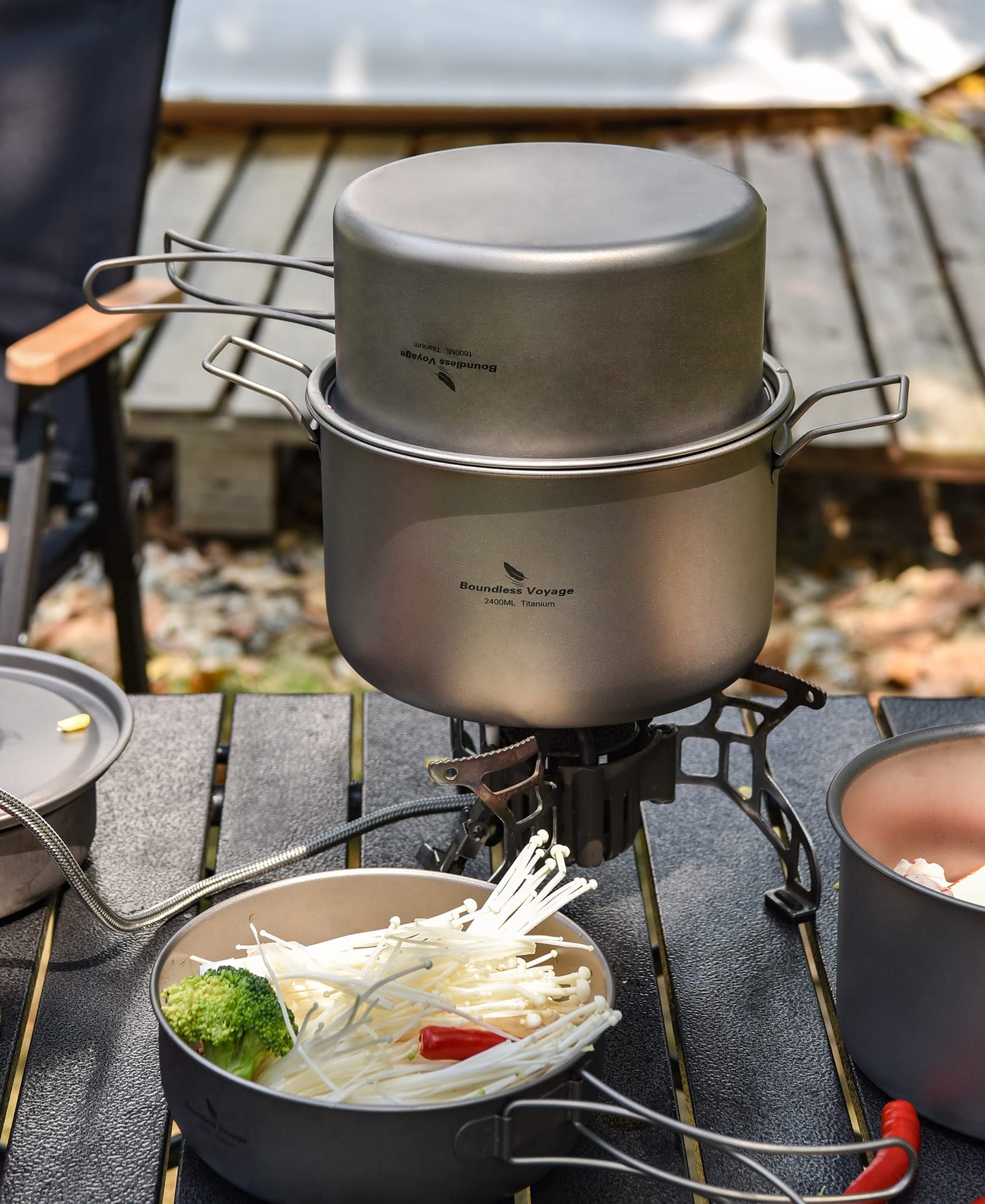 Boundless Voyage Camping Cookware Lightweight Cooking Pot Set Titanium Pot Portable for Outdoor Cooking Traveling Hiking Trekking Backpacking, 1-5 Person (107C-108C-29P)